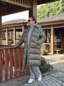 Haki fermuarlı şişme mont