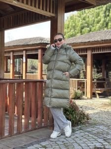 Haki fermuarlı şişme mont