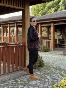 Fermuarlı leoparlı takım Bordo-siyah