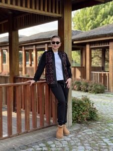 Fermuarlı leoparlı takım Bordo-siyah