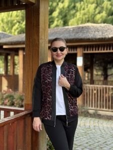 Fermuarlı leoparlı takım Bordo-siyah