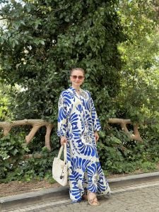 Mavi-beyaz Hawai Katleya Elbise