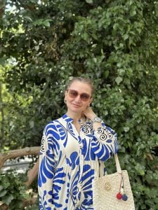 Mavi-beyaz Hawai Katleya Elbise