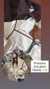 Evcen Peluş fermuarlı cepli mont Krem