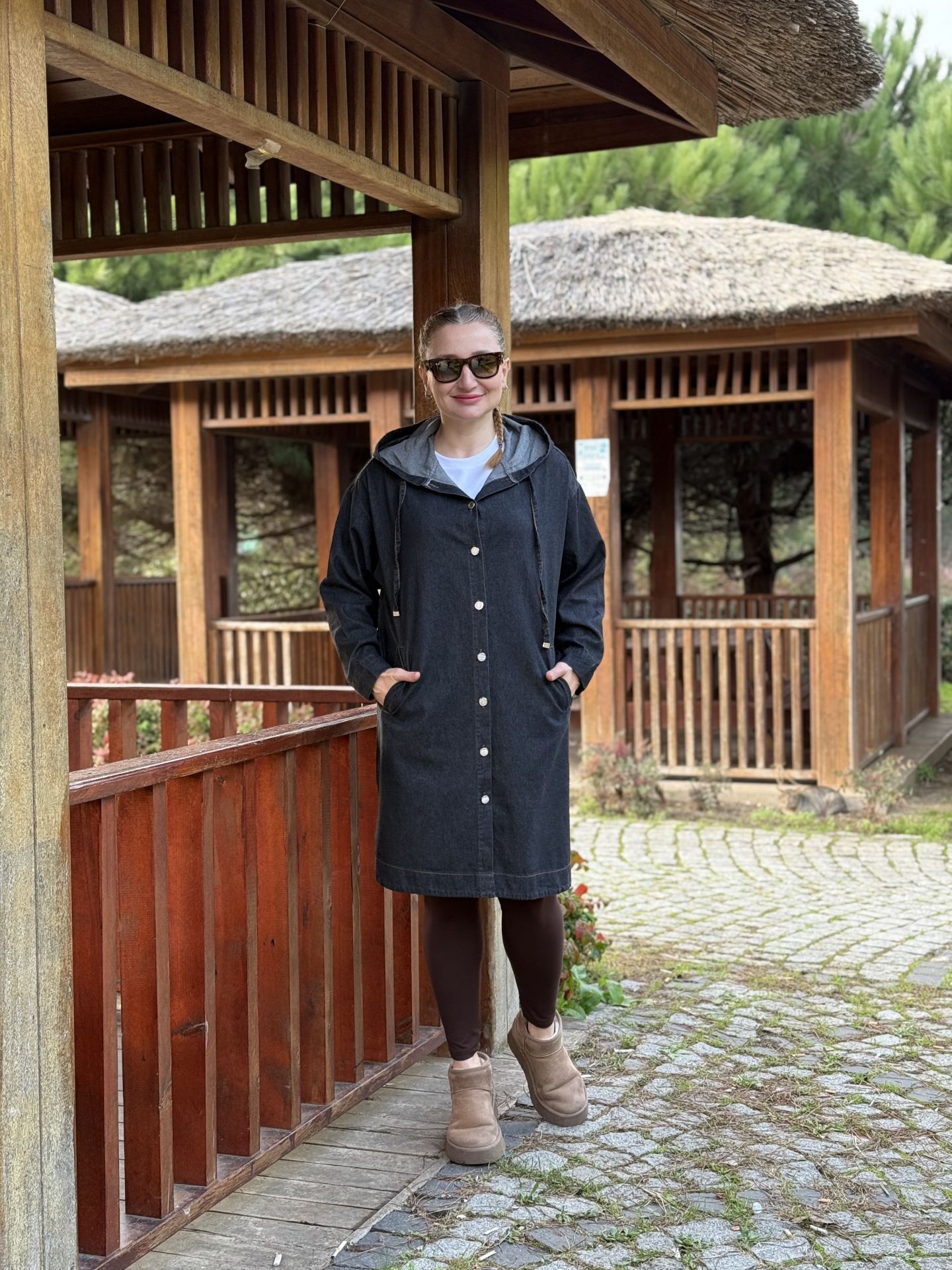 Kapüşonlu uzun kot ceket Antrasit