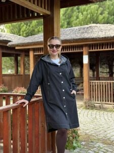 Kapüşonlu uzun kot ceket Antrasit