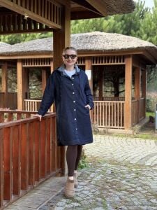 Kapüşonlu uzun kot ceket lacivert