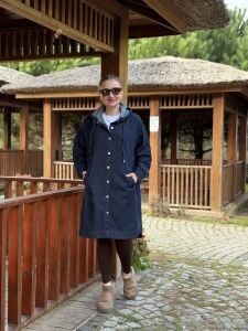 Kapüşonlu uzun kot ceket lacivert