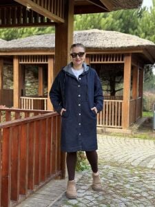 Kapüşonlu uzun kot ceket lacivert