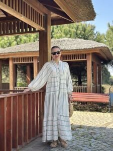 Mint Çizgi detaylı keten katleya elbise