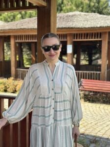 Mint Çizgi detaylı keten katleya elbise