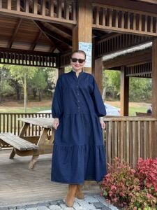 Lacivert yıkama kot katleya elbise