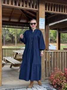 Lacivert yıkama kot katleya elbise