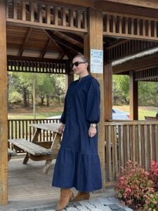 Lacivert yıkama kot katleya elbise