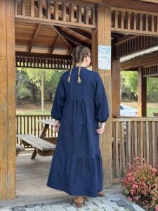 Lacivert yıkama kot katleya elbise