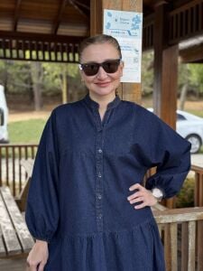 Lacivert yıkama kot katleya elbise