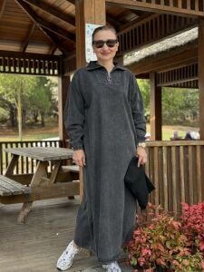 Yarım Fermuarlı tensel kot elbise Antrasit