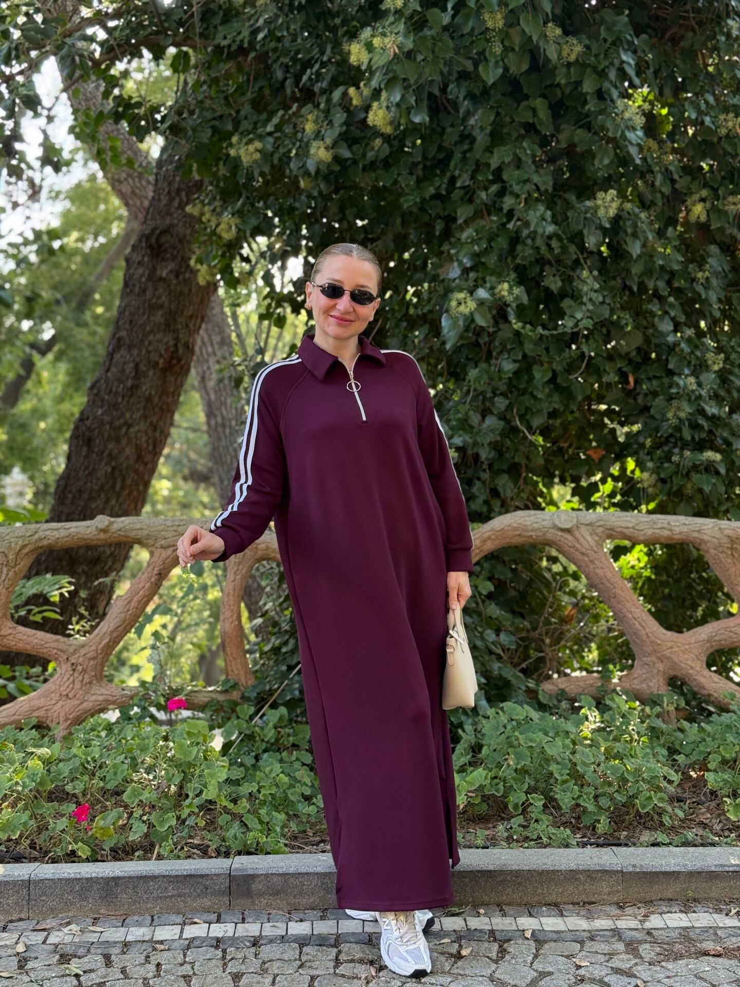 Polo şeritli Modal elbise Mürdüm