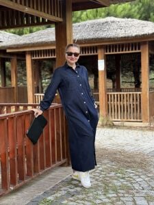 Tam düğmeli kot elbise Lacivert