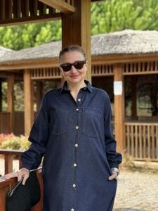 Tam düğmeli kot elbise Lacivert