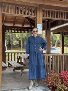 Koyu Mavi yıkama kot katleya elbise