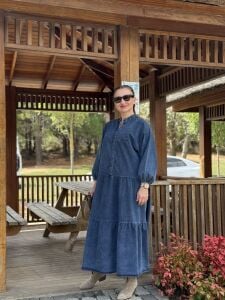 Koyu Mavi yıkama kot katleya elbise