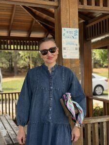 Koyu Mavi yıkama kot katleya elbise