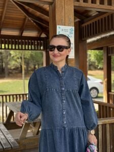 Koyu Mavi yıkama kot katleya elbise