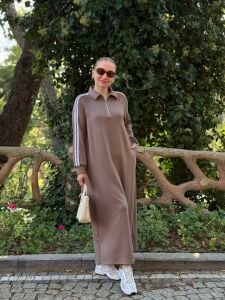 Polo şeritli Modal elbise vizon