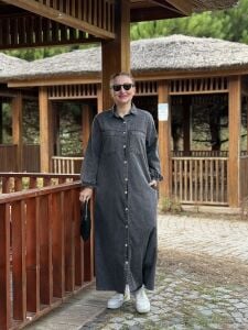 Tam düğmeli kot elbise antrasit