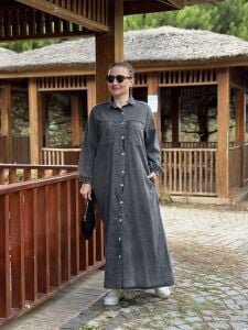 Tam düğmeli kot elbise antrasit