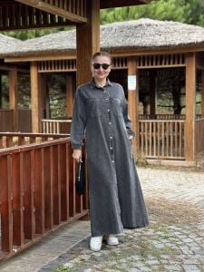 Tam düğmeli kot elbise antrasit