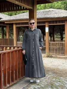 Tam düğmeli kot elbise antrasit