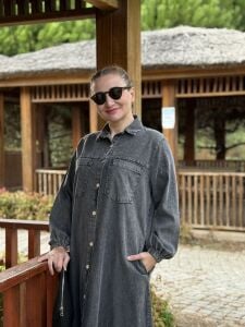 Tam düğmeli kot elbise antrasit