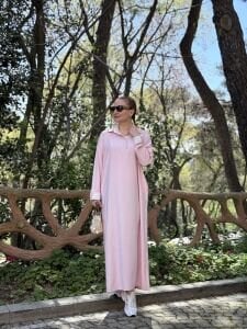 SOFT Gömlek yaka Tensel elbise Tozpembe