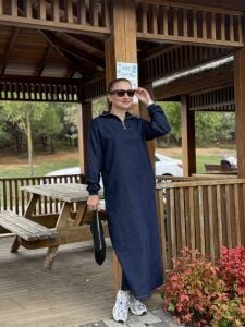 Yarım Fermuarlı tensel kot elbise lacivert