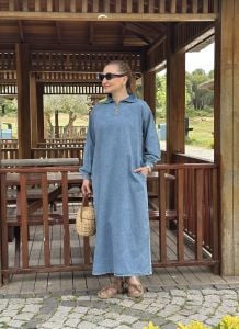 Yarım Fermuarlı tensel kot elbise