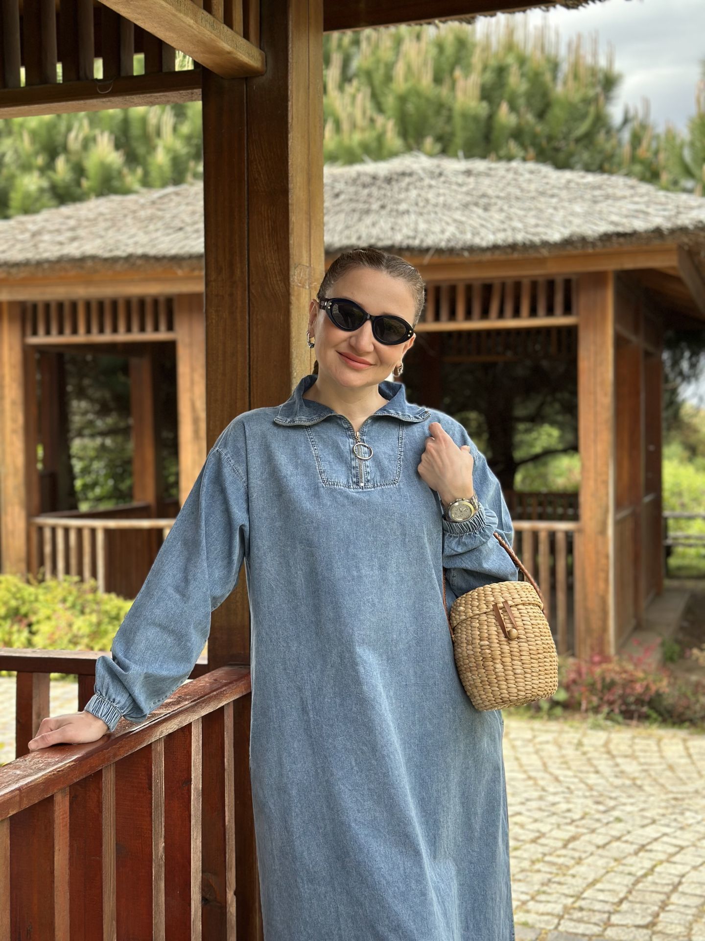 Yarım Fermuarlı tensel kot elbise