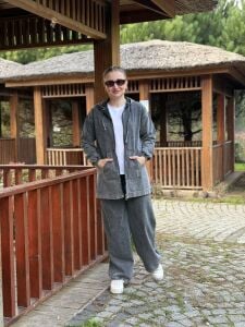 Tam fermuarlı kot takım Gri