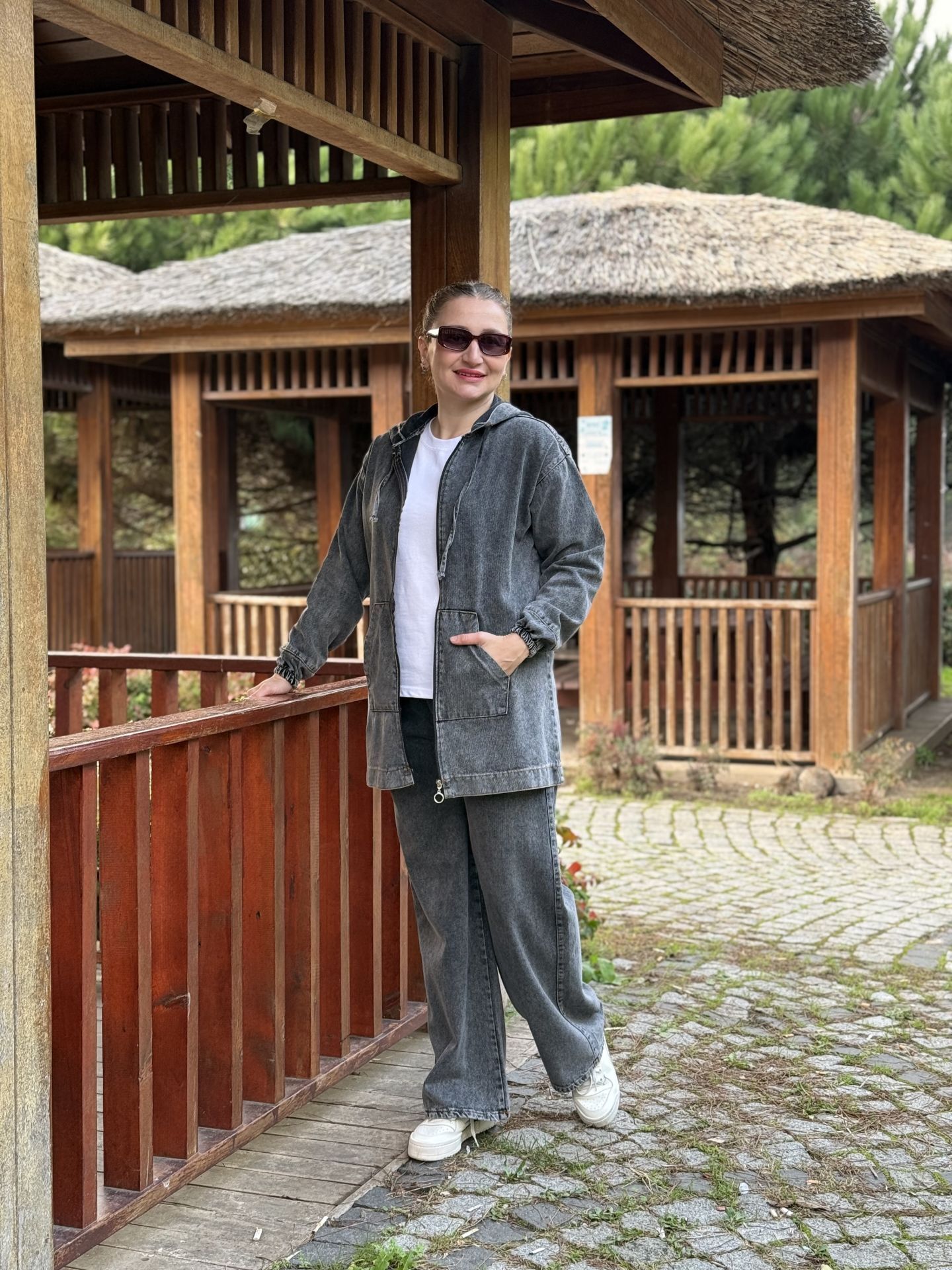 Tam fermuarlı kot takım Gri