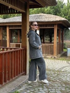 Tam fermuarlı kot takım Gri