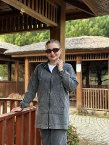 Tam fermuarlı kot takım Gri