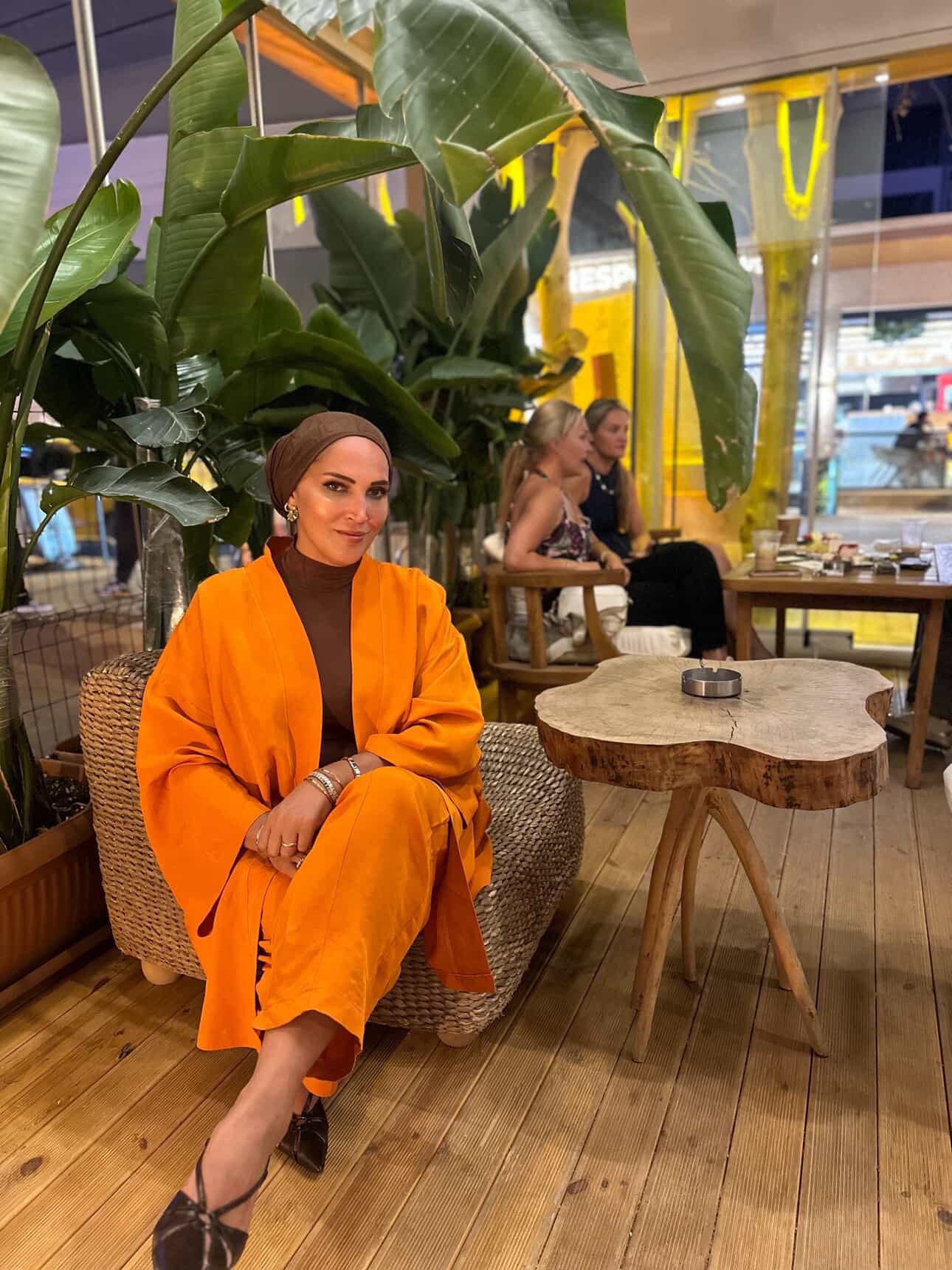 Turuncu kimono keten pantolon takım