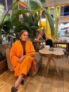 Turuncu kimono keten pantolon takım