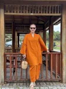 Turuncu kimono keten pantolon takım