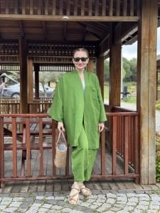 Yeşil kimono keten pantolon takım