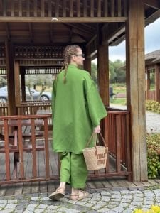 Yeşil kimono keten pantolon takım