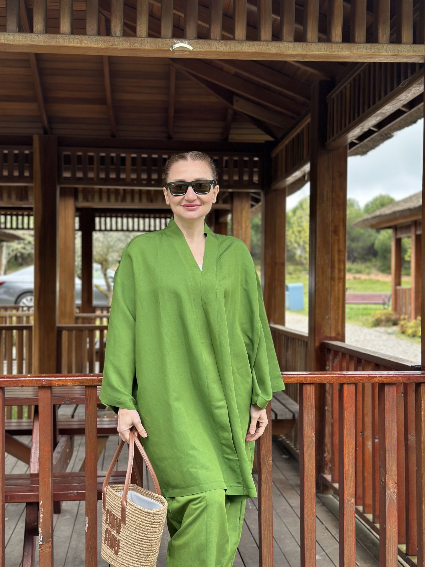 Yeşil kimono keten pantolon takım