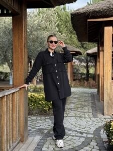 A.AKAY Örme detaylı Denim takım Siyah