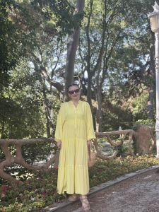 Viskon düz katleya elbise Sarı